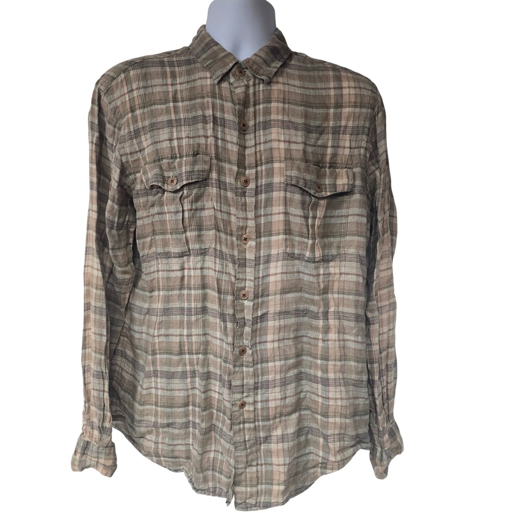 Polo‎ Ralph Lauren Plaid Linen Shirt Mens L Brown Tan Button Down Long Sleeve L